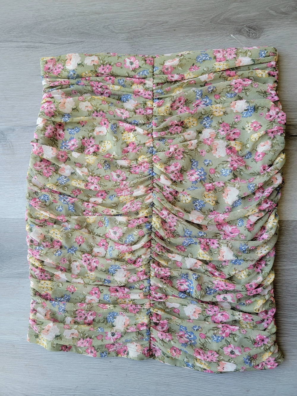 Haute Monde Olive Green Floral Ruched Mini Skirt